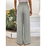  Pleated Wide Waistband Straight Leg Gauze Fabric Trousers