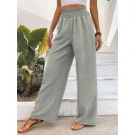  Pleated Wide Waistband Straight Leg Gauze Fabric Trousers