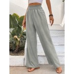  Pleated Wide Waistband Straight Leg Gauze Fabric Trousers