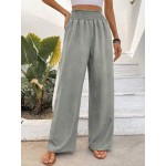  Pleated Wide Waistband Straight Leg Gauze Fabric Trousers