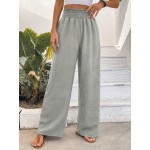  Pleated Wide Waistband Straight Leg Gauze Fabric Trousers