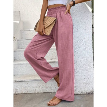  Women s Shirred Wide Waist Straight Pants In Floral Chiffon Fabric