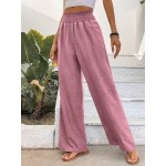  Women s Shirred Wide Waist Straight Pants In Floral Chiffon Fabric