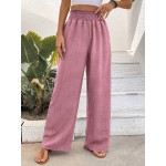  Women s Shirred Wide Waist Straight Pants In Floral Chiffon Fabric