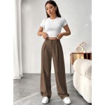  Women Solid Color Wide Leg Pants With Pockets