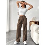  Women Solid Color Wide Leg Pants With Pockets