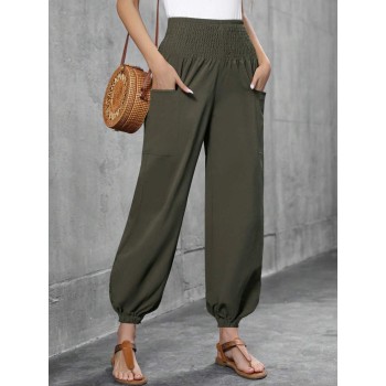 Women s Casual Elastic Waist Nine Point Pants Double Pocket Harem Pants