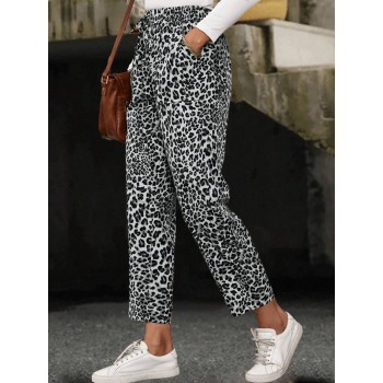  Women s Tie Waist Pockets Leopard Print Casual Pants