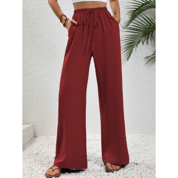  Women s Waist Belt Buckle Pockets Design Monochromatic Straight Pants