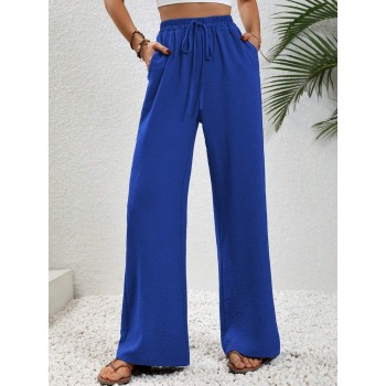  Women s Tie Waist Solid Color Straight Pants With Pockets