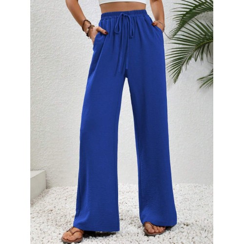  Women s Tie Waist Solid Color Straight Pants With Pockets