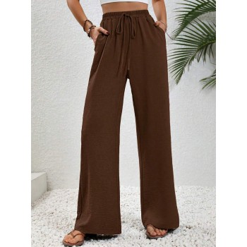  Vacation Casual Solid Color Drawstring Waist Straight Leg Pants