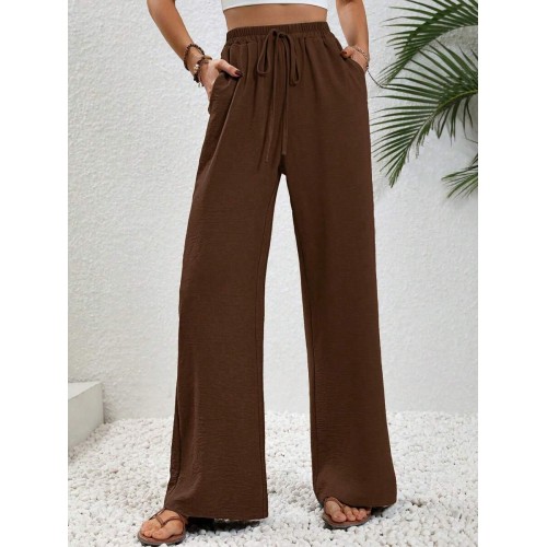  Vacation Casual Solid Color Drawstring Waist Straight Leg Pants