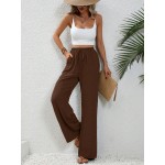  Vacation Casual Solid Color Drawstring Waist Straight Leg Pants