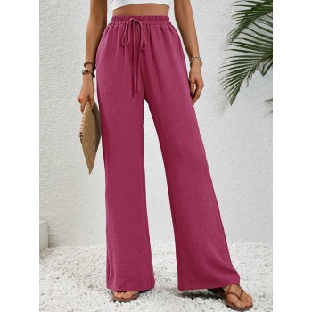  Women s Solid Color Tie Waist Straight Wide Leg Casual Pants