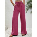  Women s Solid Color Tie Waist Straight Wide Leg Casual Pants