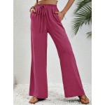  Women s Solid Color Tie Waist Straight Wide Leg Casual Pants