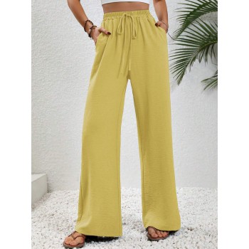  Solid Color Elastic Waist Wide Leg Pants With Slanted Pockets