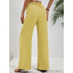  Solid Color Elastic Waist Wide Leg Pants With Slanted Pockets