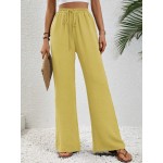  Solid Color Elastic Waist Wide Leg Pants With Slanted Pockets