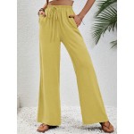  Solid Color Elastic Waist Wide Leg Pants With Slanted Pockets