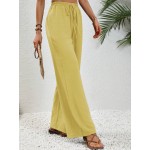  Solid Color Elastic Waist Wide Leg Pants With Slanted Pockets