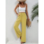  Solid Color Elastic Waist Wide Leg Pants With Slanted Pockets