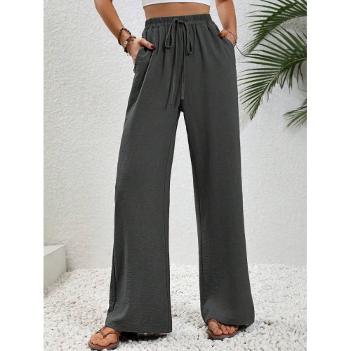  Women s Solid Color Waist Belt Straight Leg Loose Casual Trousers With Pockets