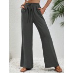  Women s Solid Color Waist Belt Straight Leg Loose Casual Trousers With Pockets