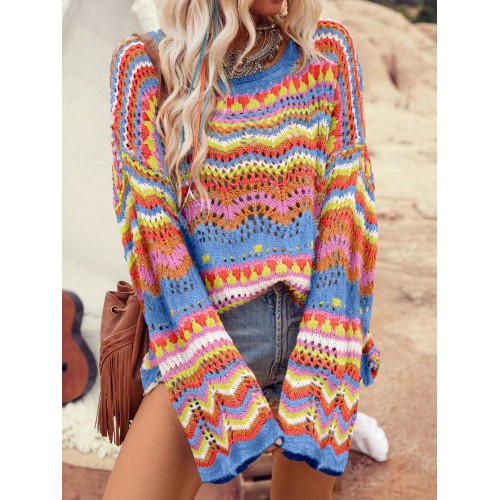  Contrasting Color Hollow Out Knit Loose Pullover Sweater