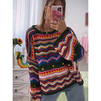  Chevron Pattern Open Knit Colorblock Drop Shoulder Sweater