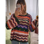  Chevron Pattern Open Knit Colorblock Drop Shoulder Sweater