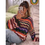  Chevron Pattern Open Knit Colorblock Drop Shoulder Sweater