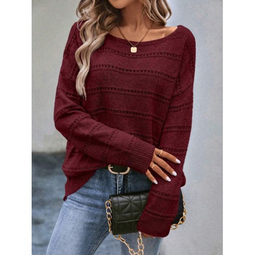  Solid Drop Shoulder Pointelle Knit Sweater