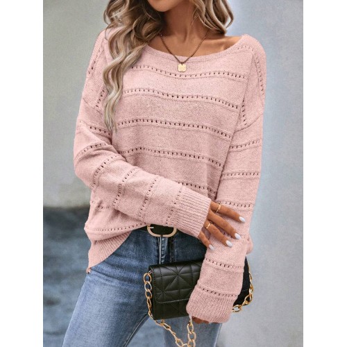  Boat Neck Pointelle Knit Drop Shoulder Sweater