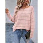  Boat Neck Pointelle Knit Drop Shoulder Sweater