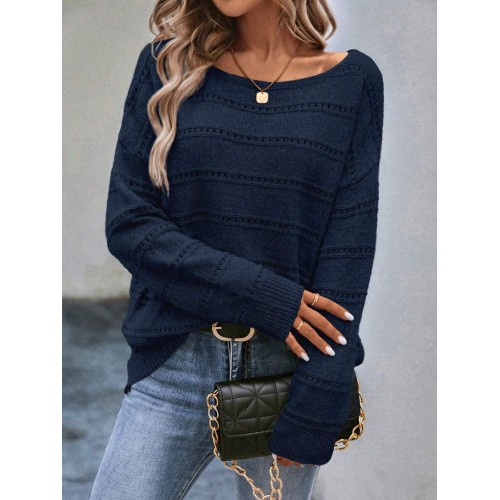  Solid Drop Shoulder Pointelle Knit Sweater